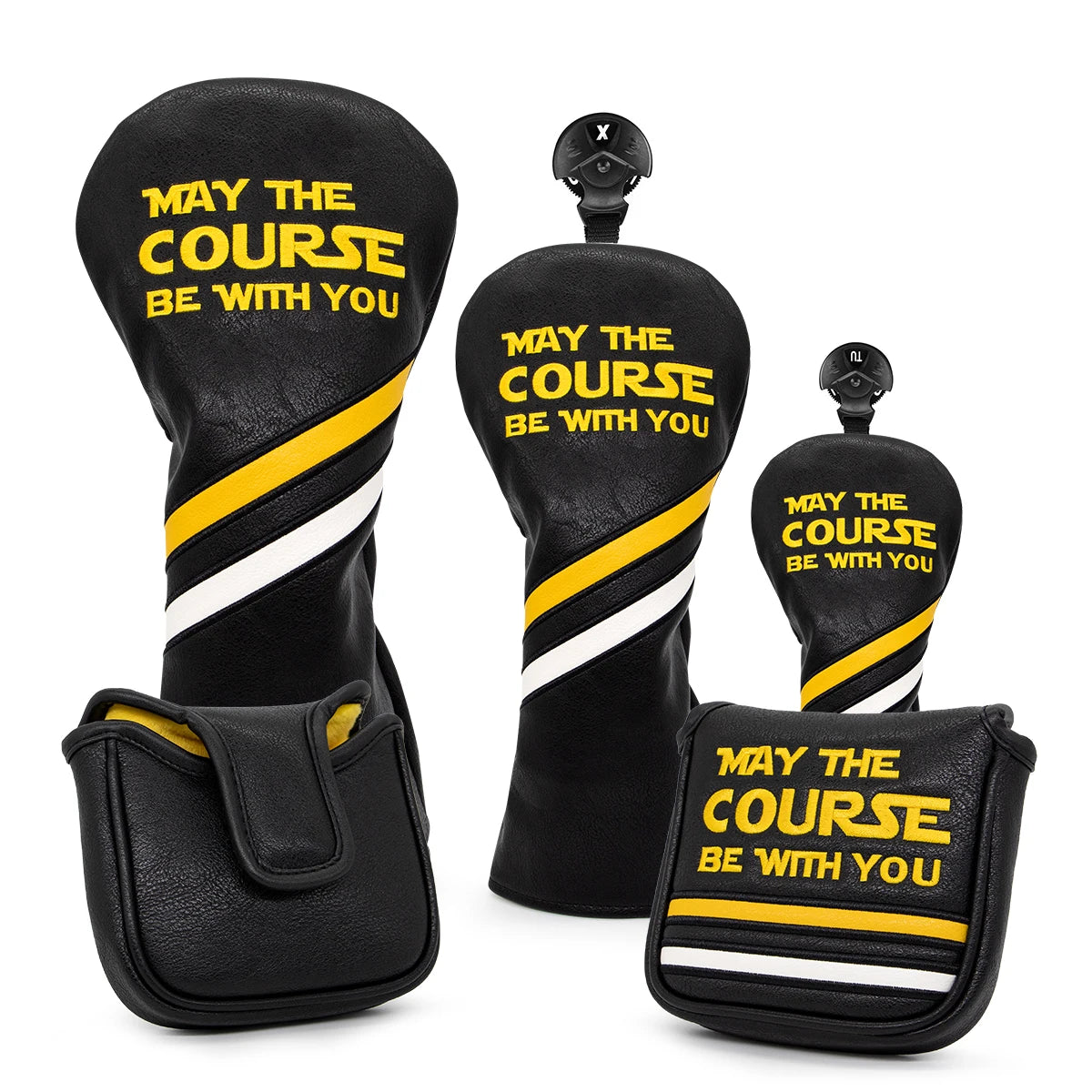 Golf club head covers with 'May the Course Be With You' text on a white background