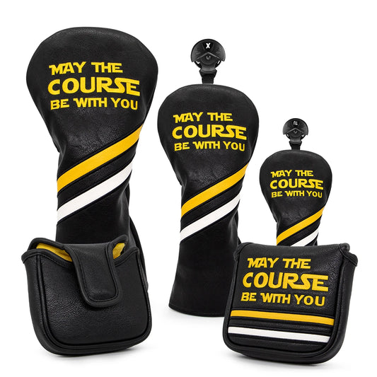 Golf club head covers with 'May the Course Be With You' text on a white background