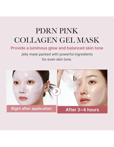 Advertisement for PDRN Pink Collagen Gel Mask showing before and after effects on skin.