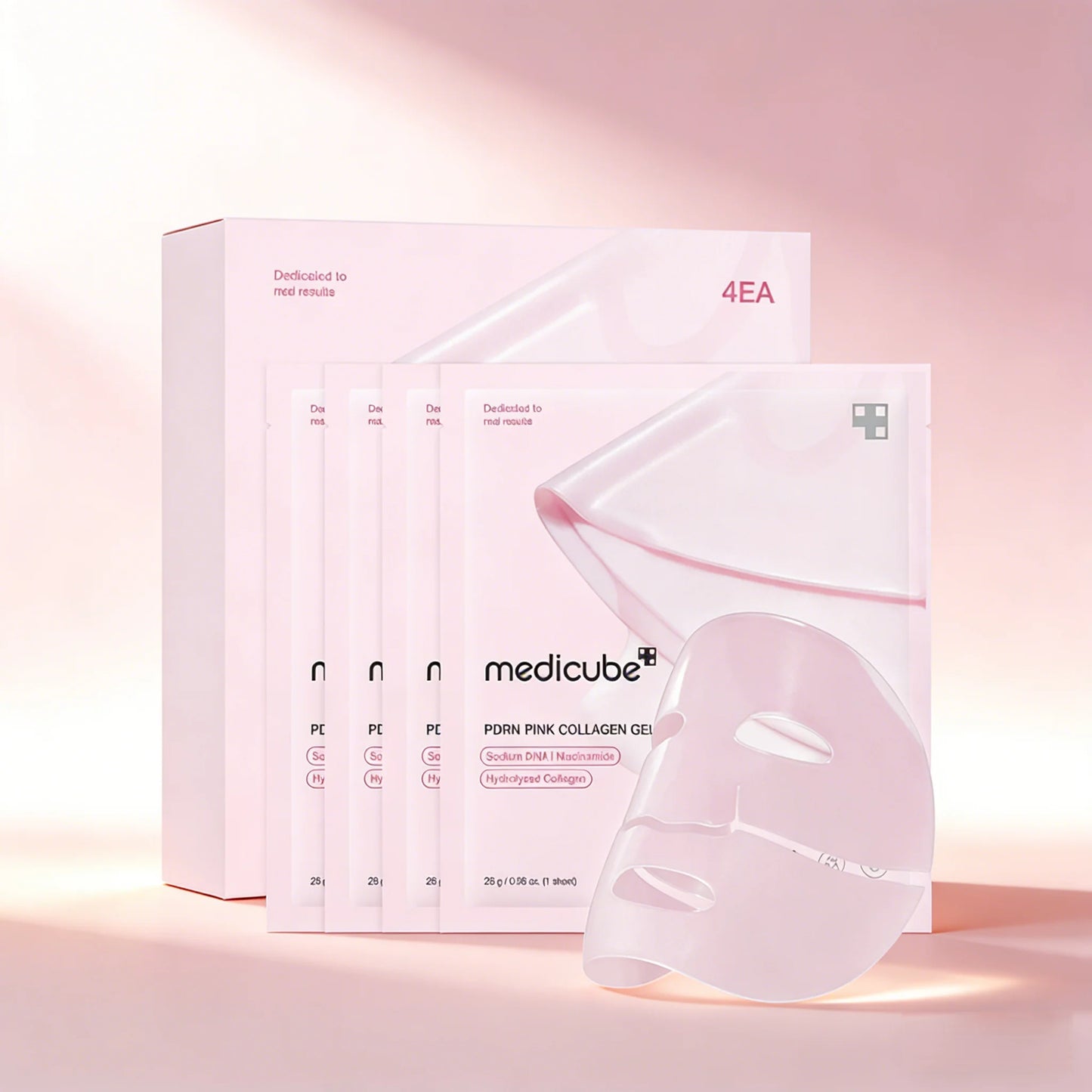 Medicube pink collagen gel pack with packaging on a pink background