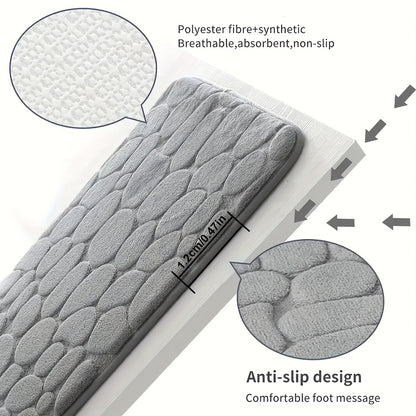 Gray textured mat with anti-slip design and material details on a white background