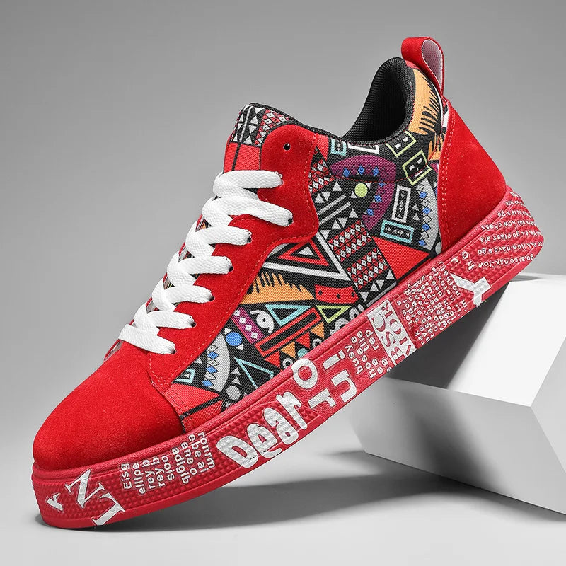Red sneaker with colorful pattern and white text on a gray background