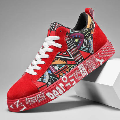 Red sneaker with colorful pattern and white text on a gray background