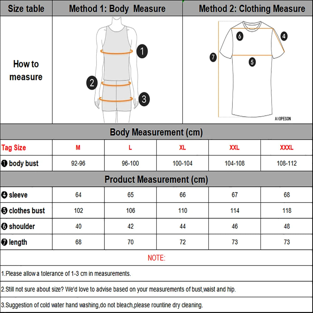 Measurement chart for clothing with diagrams and size chart
