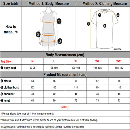 Measurement chart for clothing with diagrams and size chart