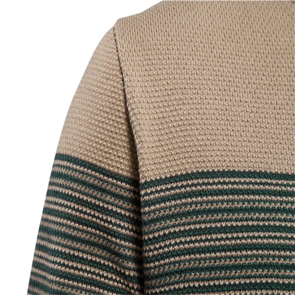 Close-up of a textured fabric with green and beige stripes on a white background