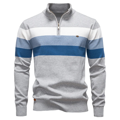 Gray and blue striped sweater with a quarter zip on a white background