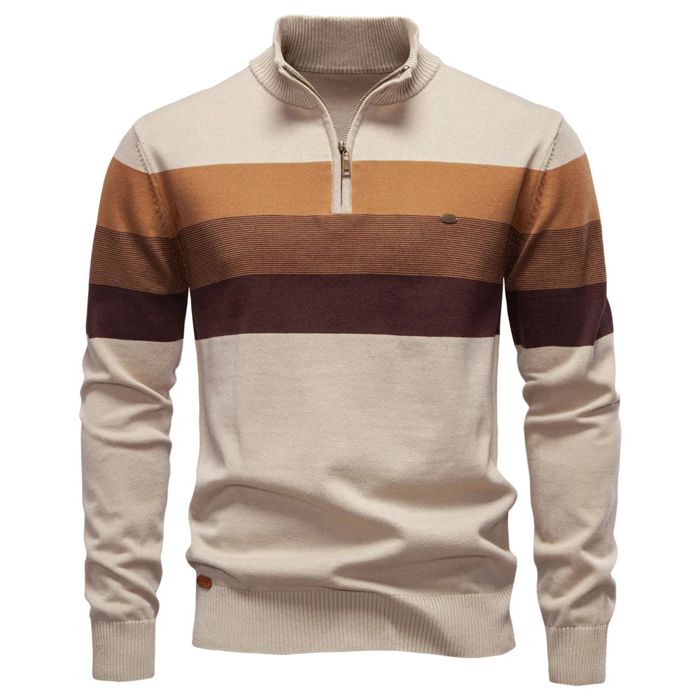 Beige and brown striped sweater with a quarter zip on a white background