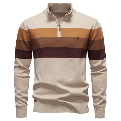 Beige and brown striped sweater with a quarter zip on a white background
