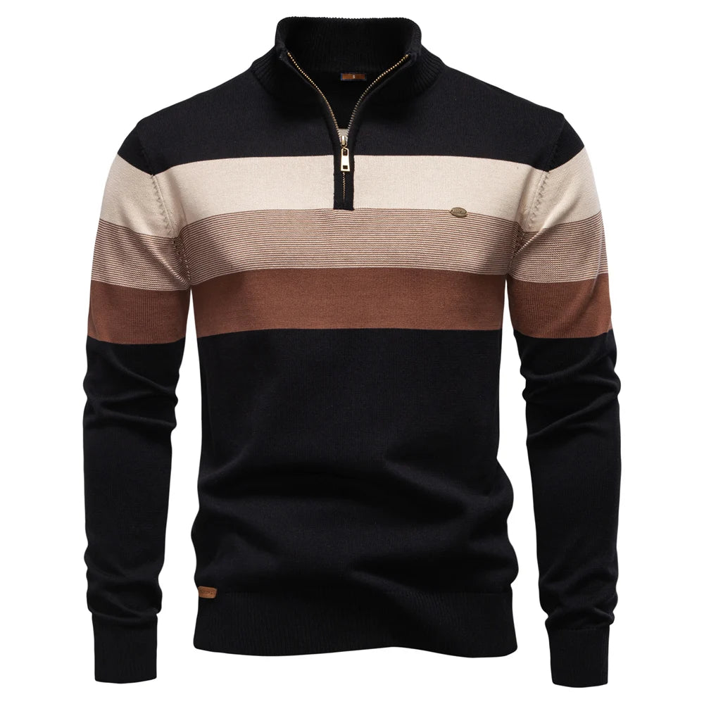 Black and brown striped sweater with a quarter zip on a white background
