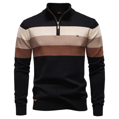 Black and brown striped sweater with a quarter zip on a white background