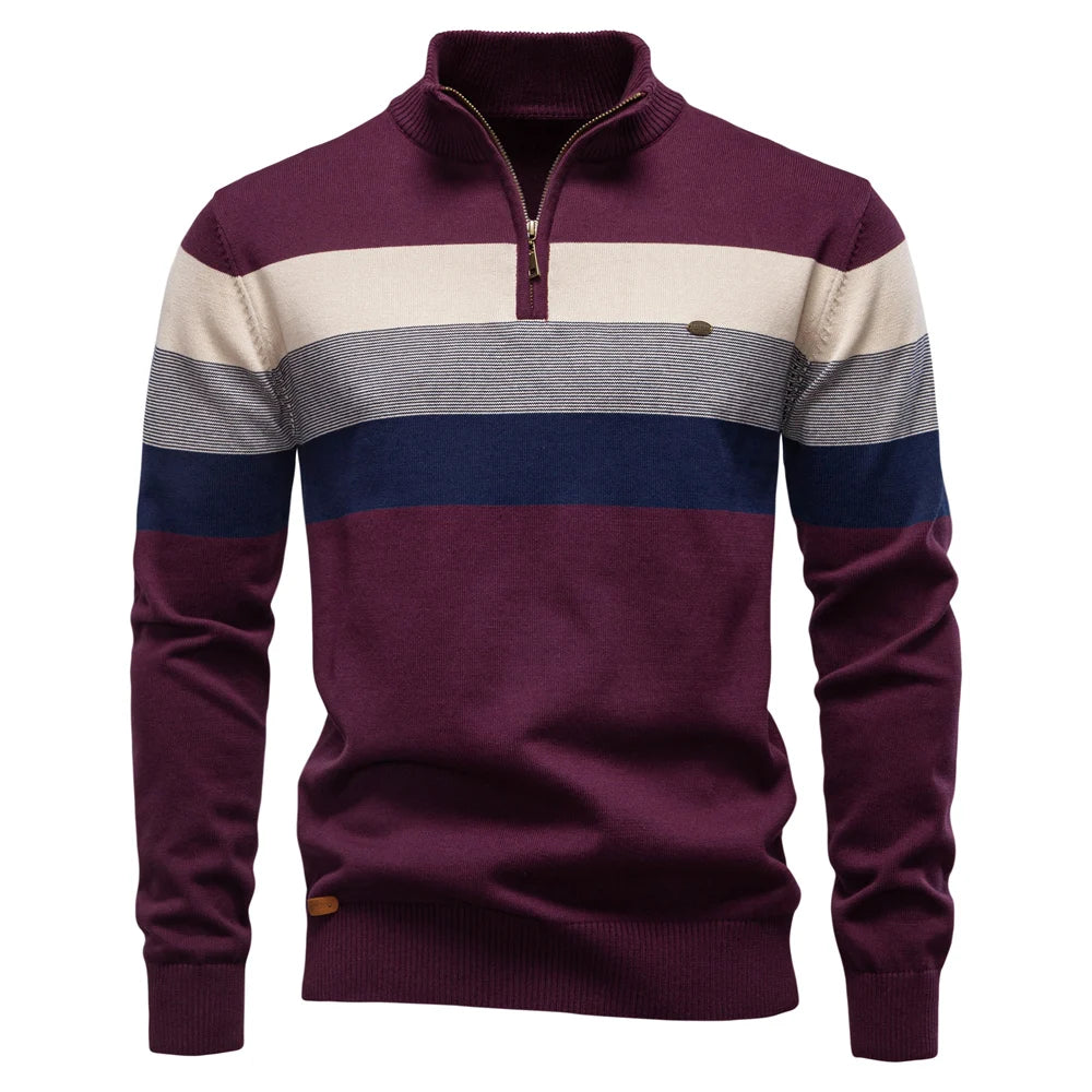 Color-blocked sweater with purple, beige, and blue stripes on a white background