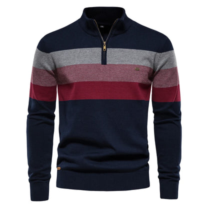 Navy, gray, and red striped sweater with a gold zipper on a white background