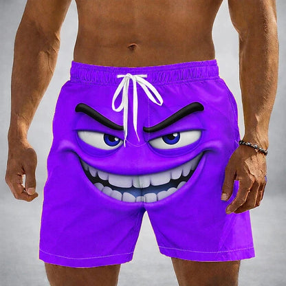 A close-up of a person wearing bright purple swim trunks with a large cartoon face graphic on the front, including white eyes, black eyebrows, and a white drawstring.