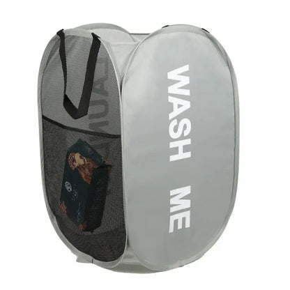 Gray laundry bag with mesh side and 'WASH ME' text on a white background