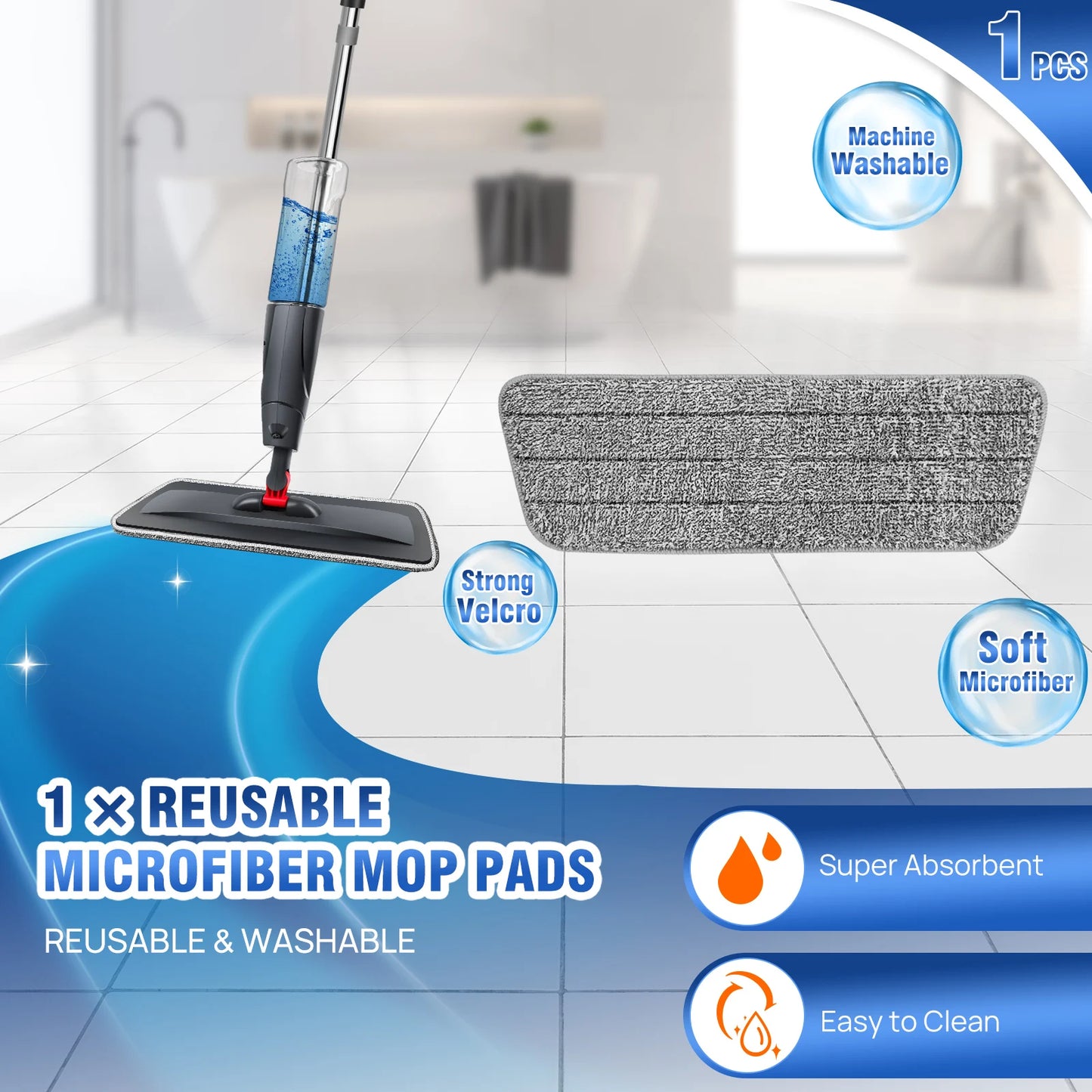 Reusable microfiber mop pads with cleaning capabilities on a tiled floor background
