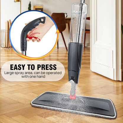Mop with spray head on a wooden floor, highlighting ease of use.