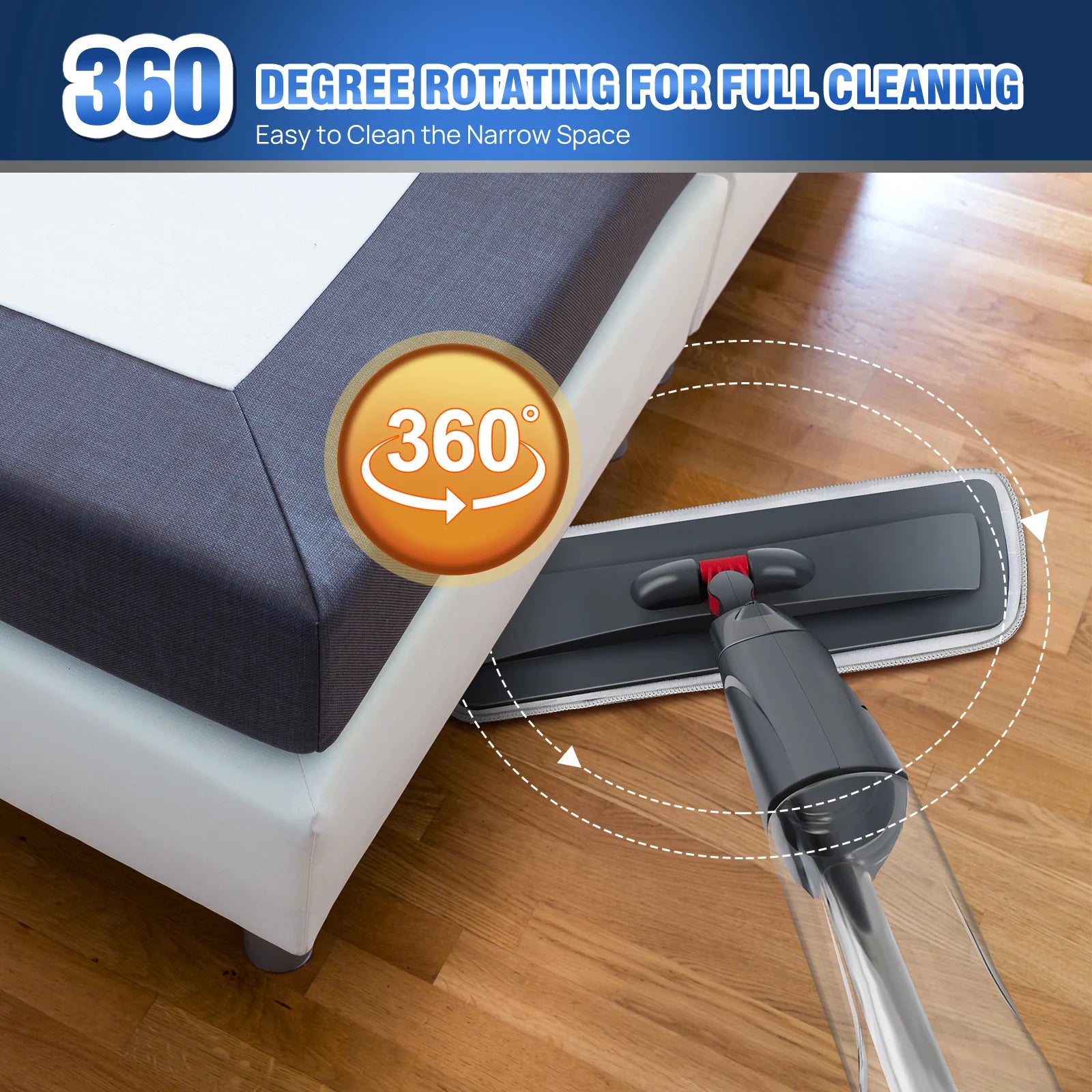 Cleaning tool with 360-degree rotation feature cleaning under a bed.
