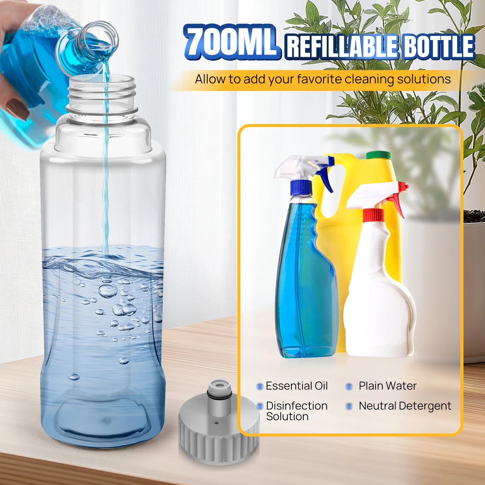 700ml refillable bottle being filled with blue liquid, surrounded by cleaning solutions.