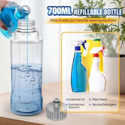 700ml refillable bottle being filled with blue liquid, surrounded by cleaning solutions.