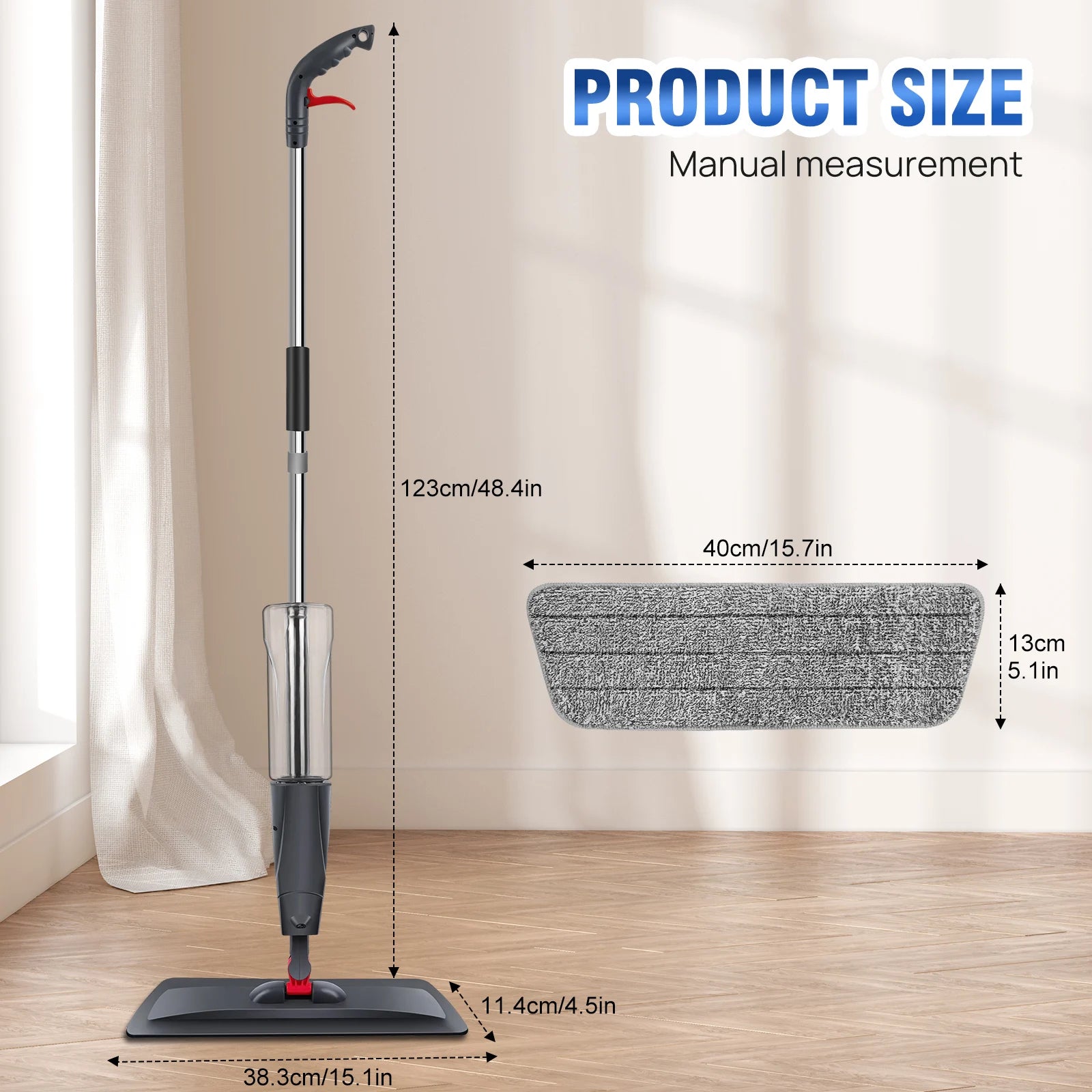Mop with measurement details on a wooden floor and curtain background