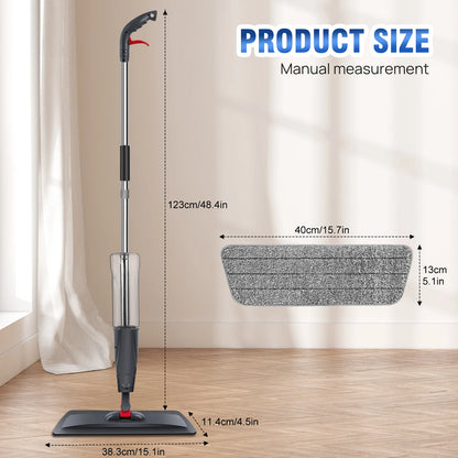 Mop with measurement details on a wooden floor and curtain background