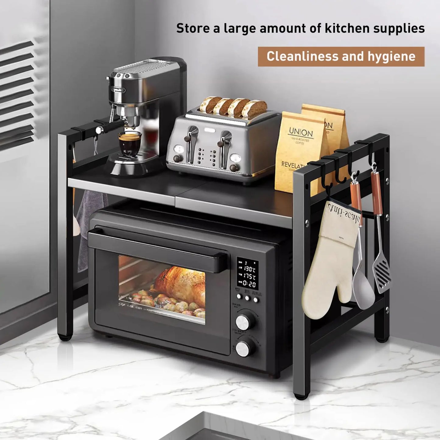 Kitchen appliance organizer with oven, toaster, coffee maker, and utensils on a marble floor.