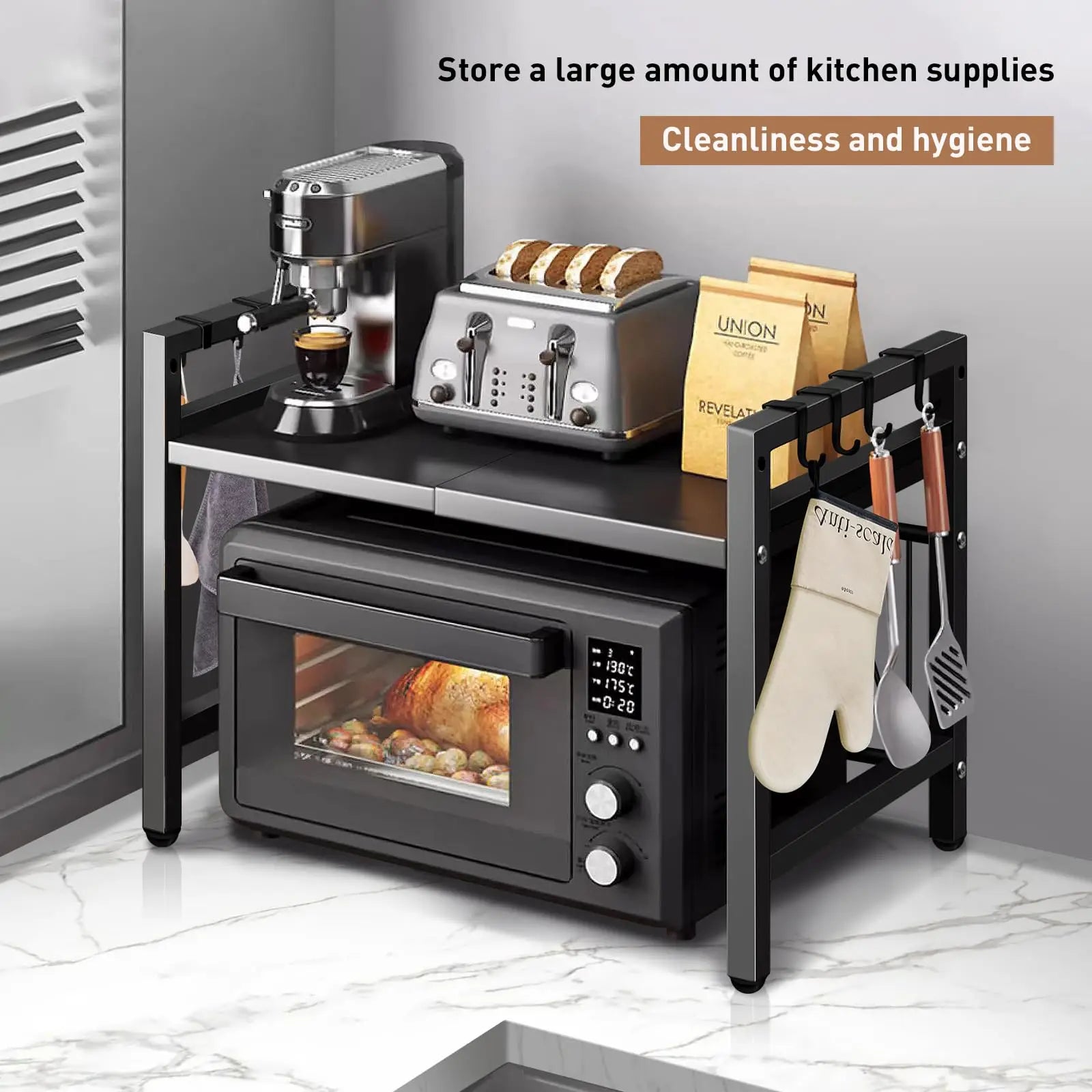 Kitchen appliance organizer with oven, toaster, coffee maker, and utensils on a marble floor.