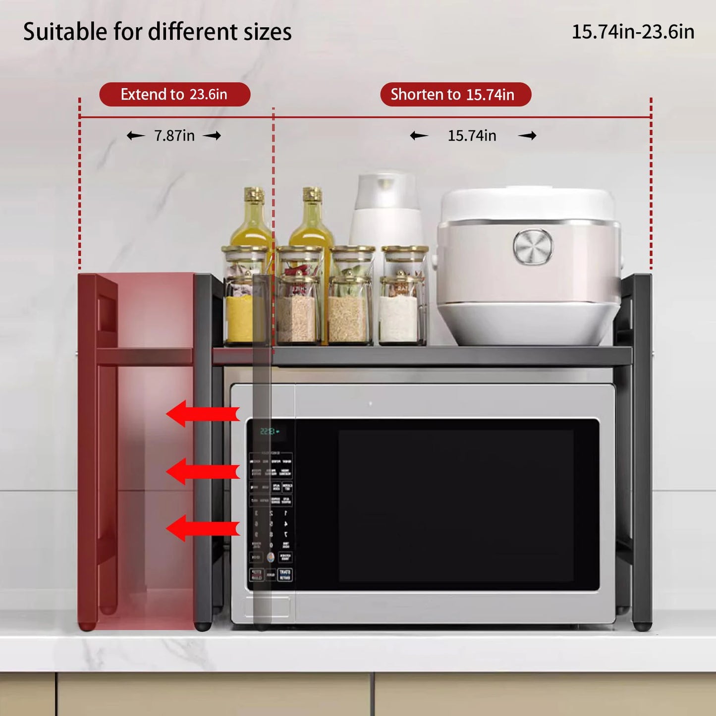 Microwave oven with a shelf above it containing kitchen items, showing adjustable dimensions.