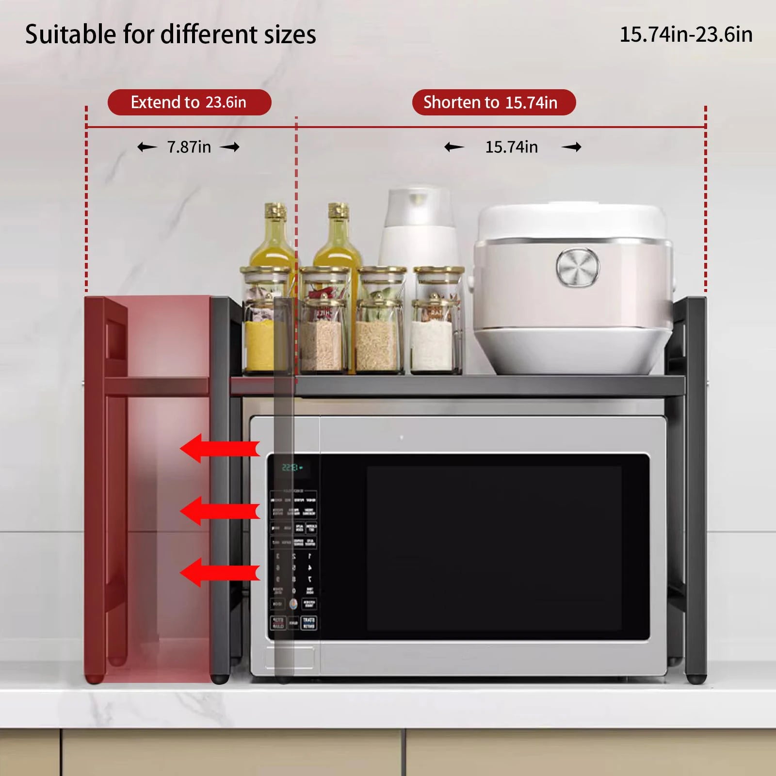 Microwave oven with a shelf above it containing kitchen items, showing adjustable dimensions.