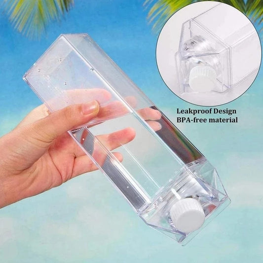 Clear plastic container held by a hand with a close-up inset showing a leakproof design.