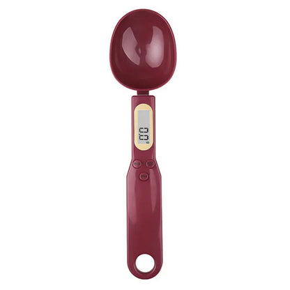 Digital measuring spoon with a red handle on a white background