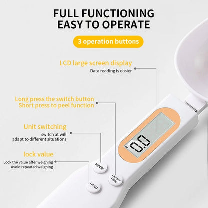 Digital kitchen scale with labeled features on a white background