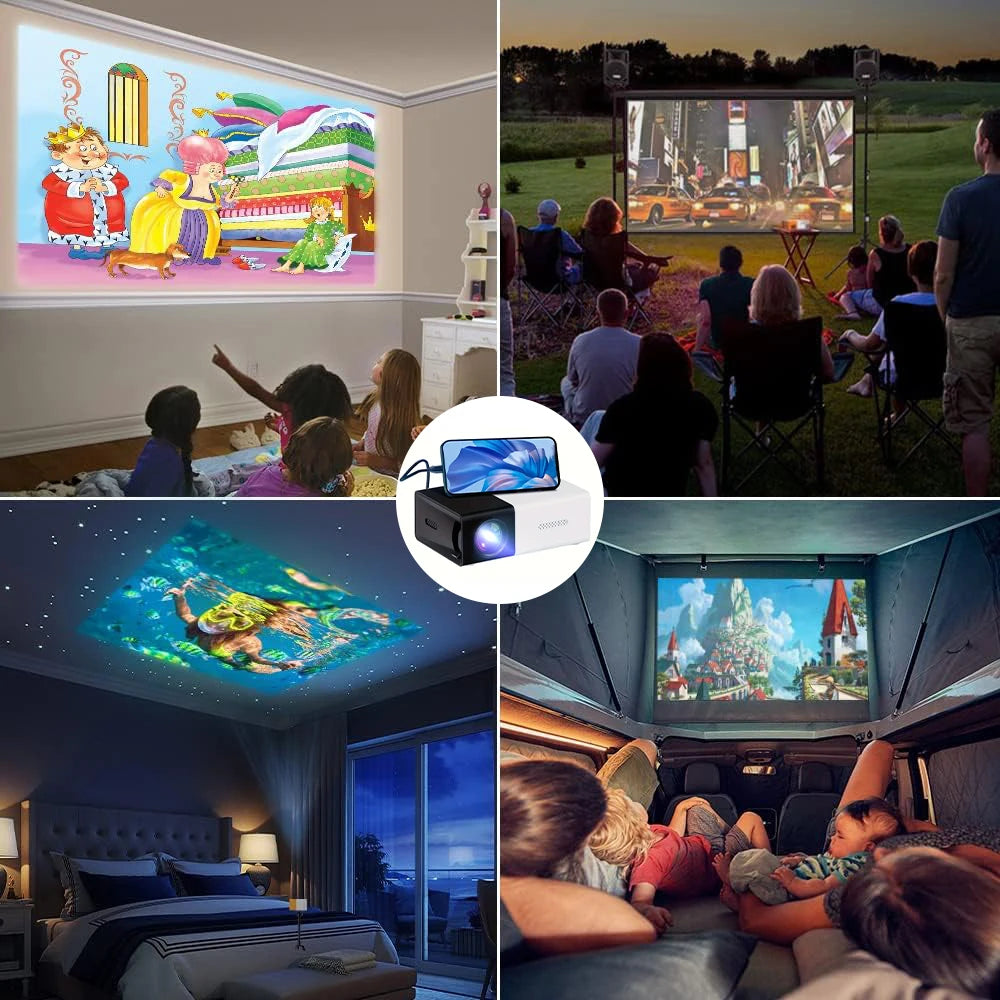 Collage of a projector in various settings with people watching movies or shows.