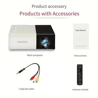 Projector with accessories including a user manual, remote control, and triple AV cable on a white background.
