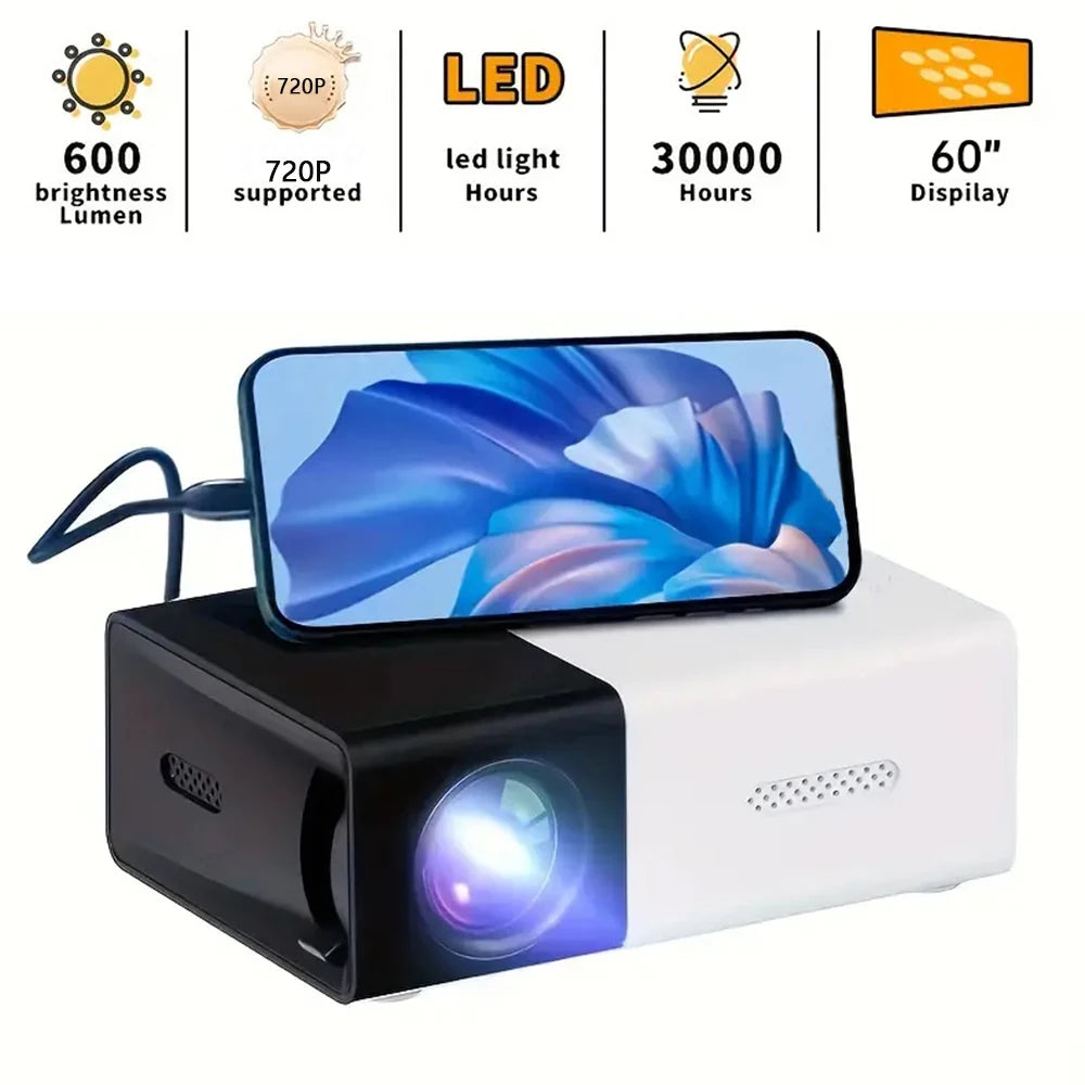 Projector with smartphone displaying a blue screen, showing technical specifications on a white background.
