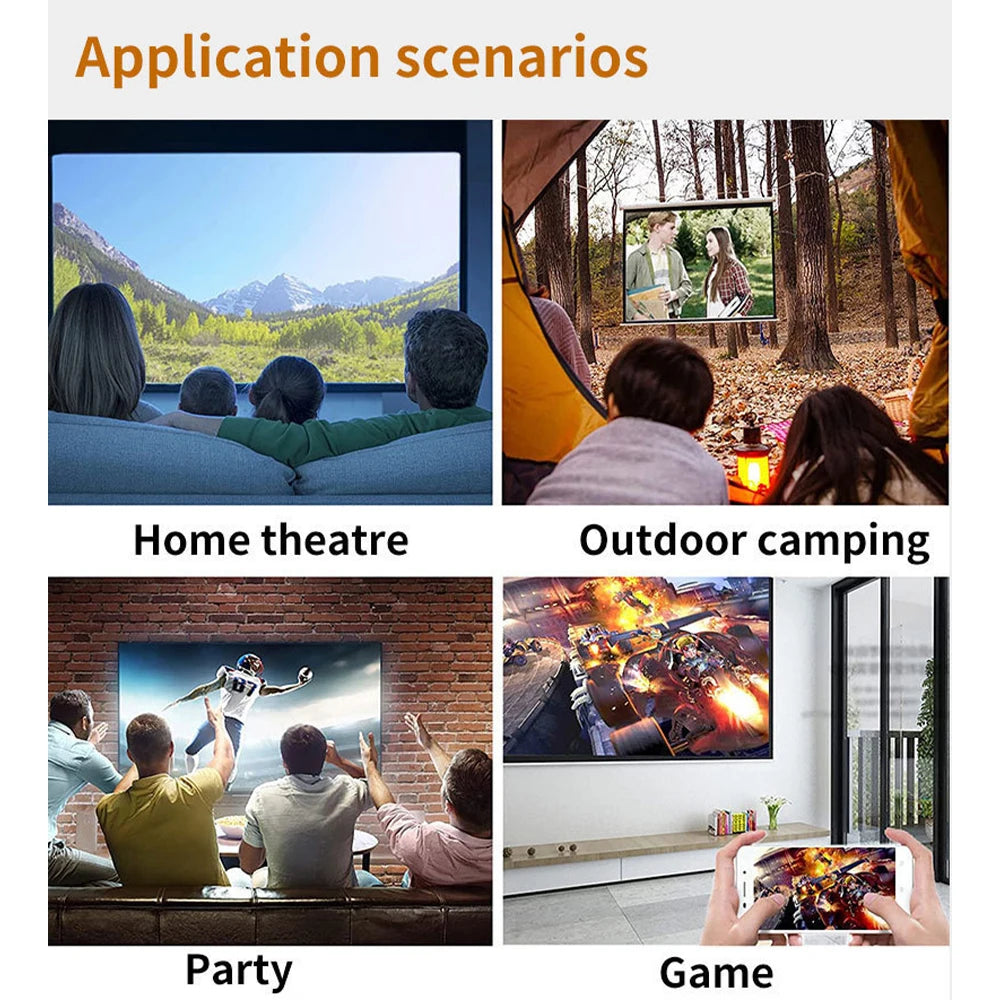 Collage of people using a portable screen in various settings including home theatre, outdoor camping, party, and game scenarios.