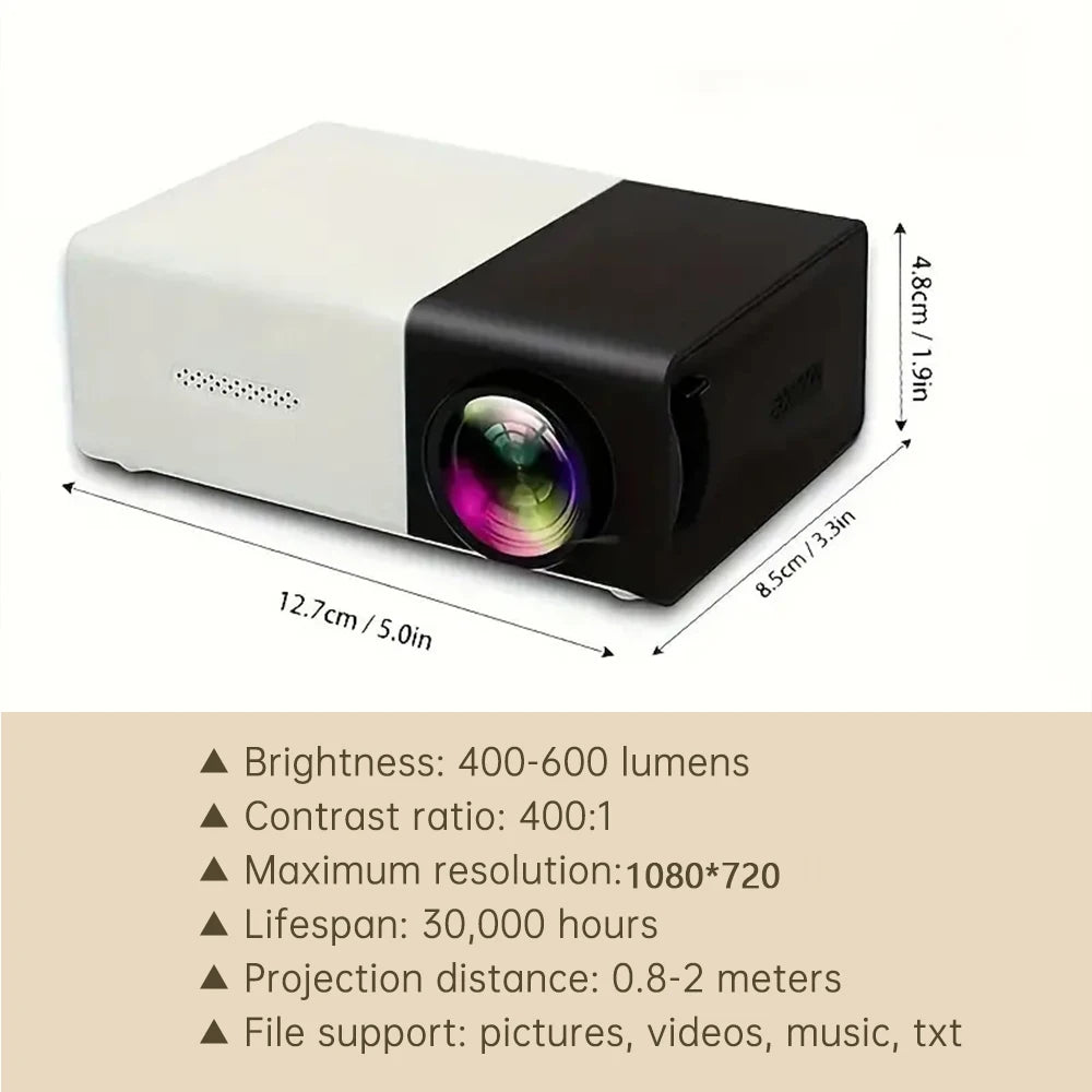 Small projector with dimensions and specifications listed below on a white background