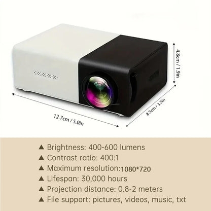 Small projector with dimensions and specifications listed below on a white background