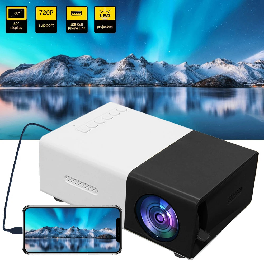 Two projectors, one white and one black, with a scenic display of mountains and lake on a screen.