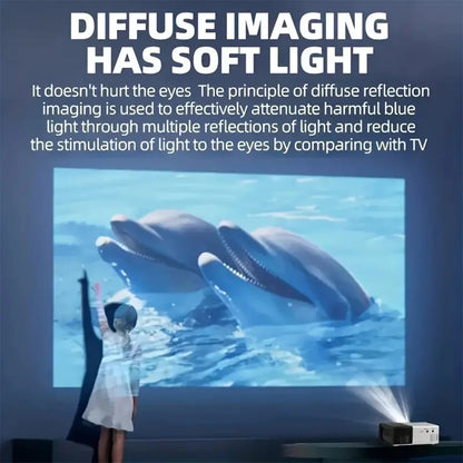 Projector displaying an image of dolphins underwater with text about diffuse imaging.