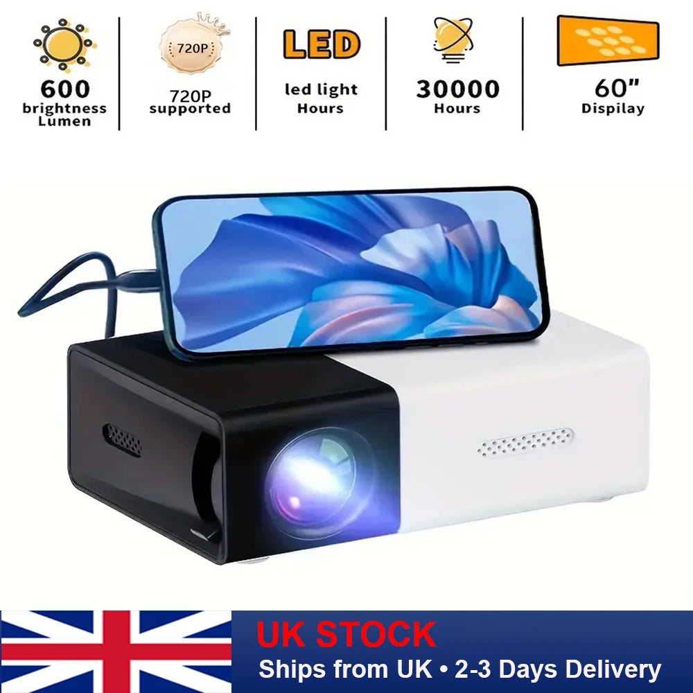 Projector with smartphone displaying screen above it, UK stock text at the bottom.
