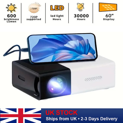 Projector with smartphone displaying screen above it, UK stock text at the bottom.