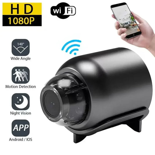 Smart camera with features like HD 1080P, WiFi, wide angle, motion detection, night vision, and app compatibility on a white background.