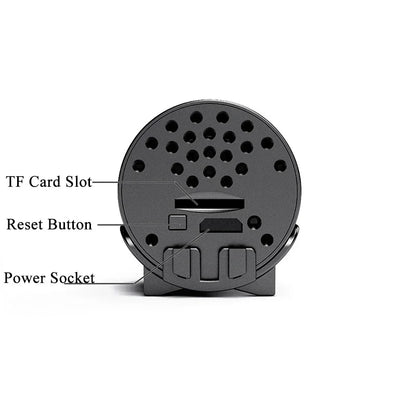 Black electronic device with labeled components on a white background