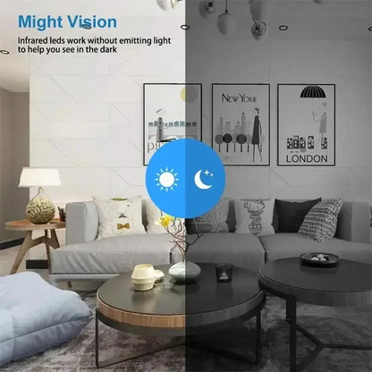 Living room with gray sofa, coffee table, and wall art, featuring 'Might Vision' infrared LEDs text.
