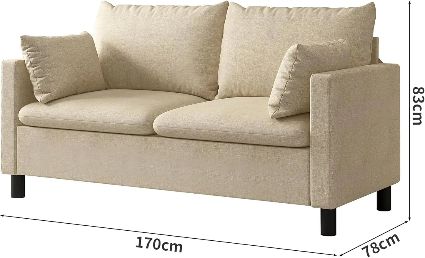 Beige sofa with dimensions indicated on a white background