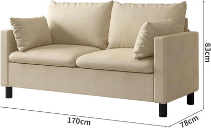 Beige sofa with dimensions indicated on a white background