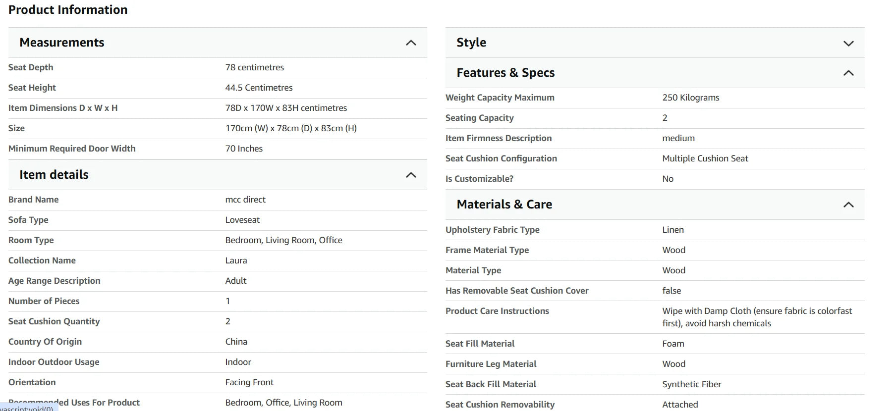Product information table with columns for measurements, style, features & specs, item details, and materials & care.