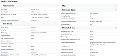 Product information table with columns for measurements, style, features & specs, item details, and materials & care.